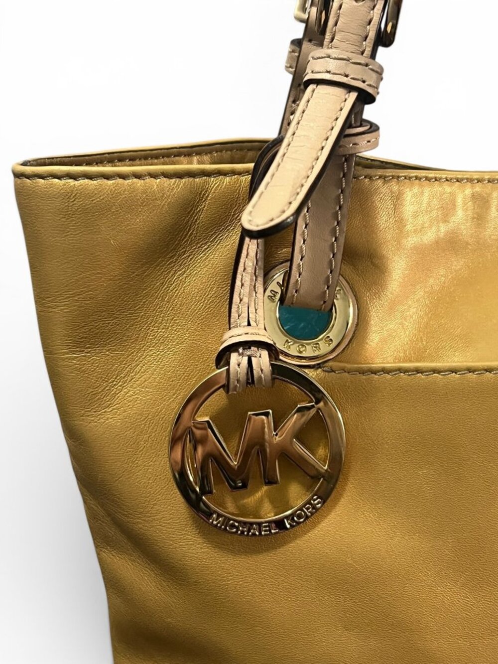 Michael Kors Metallic Gold Tote Shoulder Bag With Adjustable Straps & MK Charm - Picture 3 of 8